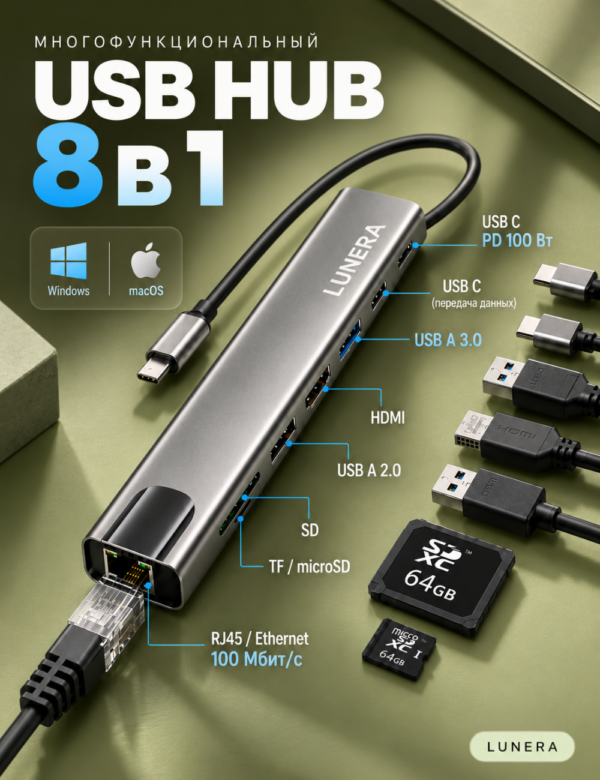 USB хаб TYPE C / USB разветвитель/ USB концентратор/ картридер/ usb hub/ переходник для MacBook